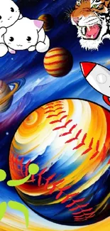 Colorful cosmic fantasy wallpaper with animals, planets, and a rocket.