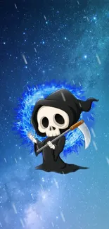 Cartoon reaper in space with a starry blue background.