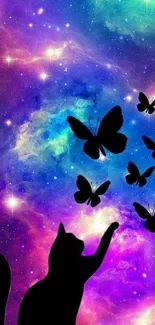 Silhouetted cat with butterflies in a colorful galaxy background.