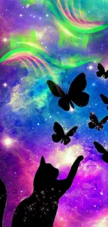 Colorful galaxy wallpaper with cat and butterflies in space.