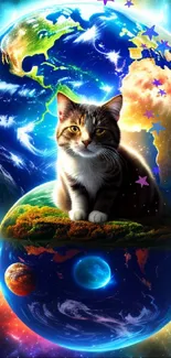 Colorful cosmic wallpaper with cat on planets.