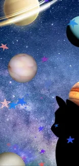 Cat silhouette with planets in starry sky wallpaper.