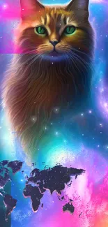 Colorful cosmic cat with world map overlay on a vibrant galaxy background.