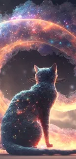 Cat in a swirling cosmic galaxy with vivid lights and stars.