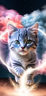 Cute kitten surrounded by colorful cosmic clouds.