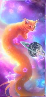 Mystical orange cat with flowing tail in a cosmic galaxy scene.