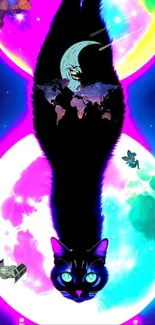 Vivid cosmic cat with colorful moons and celestial elements.