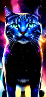 Blue cosmic cat against a vibrant space backdrop.