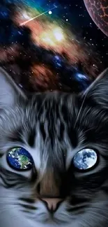 Cosmic cat with galaxy background and planets in eyes.