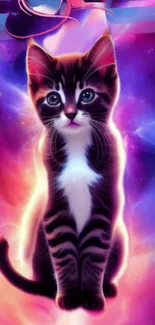 Adorable cat with galaxy background in vibrant cosmic colors.