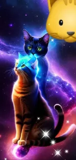 Vibrant cosmic wallpaper featuring two cats against a galaxy backdrop.