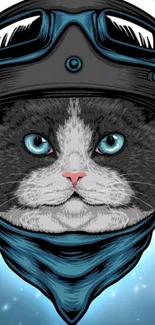 Cat with astronaut helmet and blue eyes on a cosmic background wallpaper.