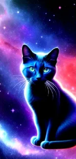 Neon cat in a colorful galaxy setting with vibrant blue and purple hues.