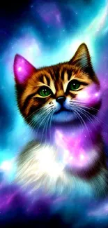 Feline in a colorful galaxy background, featuring cosmic and vibrant hues.