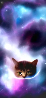 A whimsical cat surrounded by vibrant cosmic colors in a space-themed mobile wallpaper.