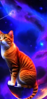 Illustration of a cat in a colorful cosmic nebula for a mobile wallpaper.