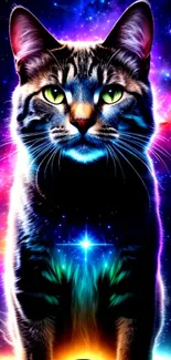 A cosmic cat illuminated by neon colors against a galaxy backdrop.