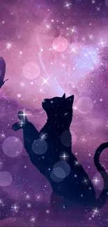 Silhouette of a cat in a purple galaxy with stars and a butterfly.