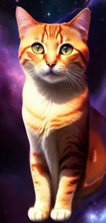 Orange cat sitting in a cosmic galaxy backdrop with starry sky.