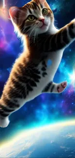 Playful cat leaping through a colorful cosmic space background.