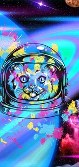 Playful cat in helmet with colorful galactic background.