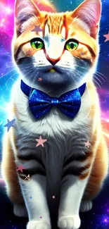 A cat with a bow tie sits in a colorful cosmic galaxy background.