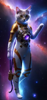 Astronaut cat with cosmic galaxy background in vibrant violet hues.