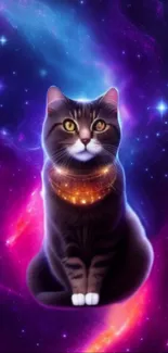 Cosmic cat sitting in a colorful starry nebula background.