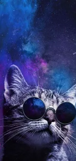 Cat with sunglasses in cosmic galaxy background.