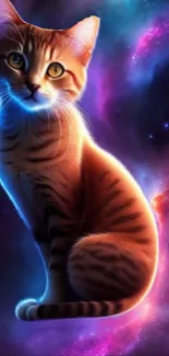 A tabby cat sits in a vibrant cosmic galaxy.