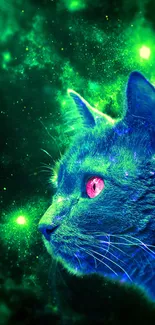 Cosmic cat in a vibrant green and blue nebula background.