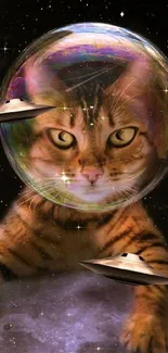 A whimsical cosmic cat wearing an astronaut helmet with UFOs in space.