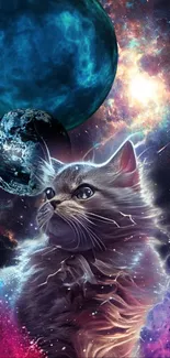 Cosmic cat with vibrant galaxy and planets background.