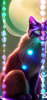 Glowing cosmic cat under a full moon in space-inspired artwork.