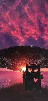 Cosmic cat under a vibrant pink sunset sky with celestial elements.