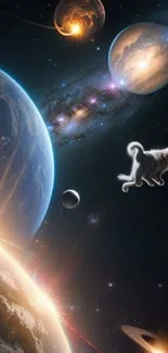 Fantasy cosmic cat floating through space with planets in a dark galaxy.