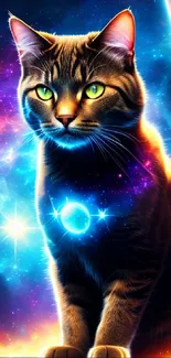 A cosmic cat in a colorful galaxy background, vibrant with stars and cosmic elements.