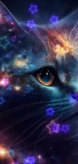 A majestic cat with a galaxy-themed fur in a cosmic setting.