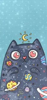 Cosmic cat with planets and stars on a light blue background.