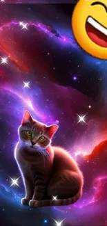 Playful cosmic cat with laughing emoji in vibrant galaxy background.