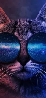 Cat with galaxy glasses in cosmic blue and red hues.