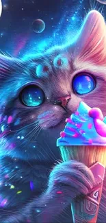 Cosmic cat enjoying ice cream in a vibrant cityscape.