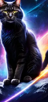 Black cat with glowing eyes in cosmic space, surrounded by vibrant galaxies.