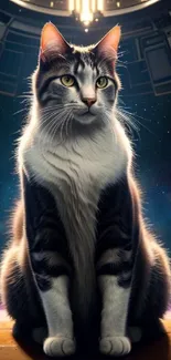 A cosmic cat sits inside a spaceship with a galaxy backdrop.