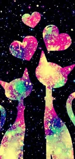 Colorful cosmic cats and hearts galaxy wallpaper.