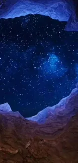 Cave opening into a starry night sky with blue cosmic hues.