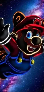 Animated character flying through a colorful galaxy.