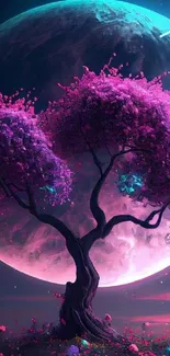 Fantasy cherry blossom tree with moon backdrop, vibrant colors.