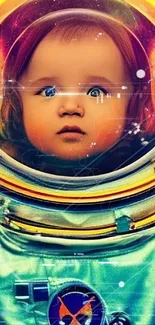 Adorable baby in a blue astronaut suit with a galaxy backdrop.