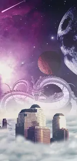 Cosmic city skyline amid clouds with planets and stars in night sky.